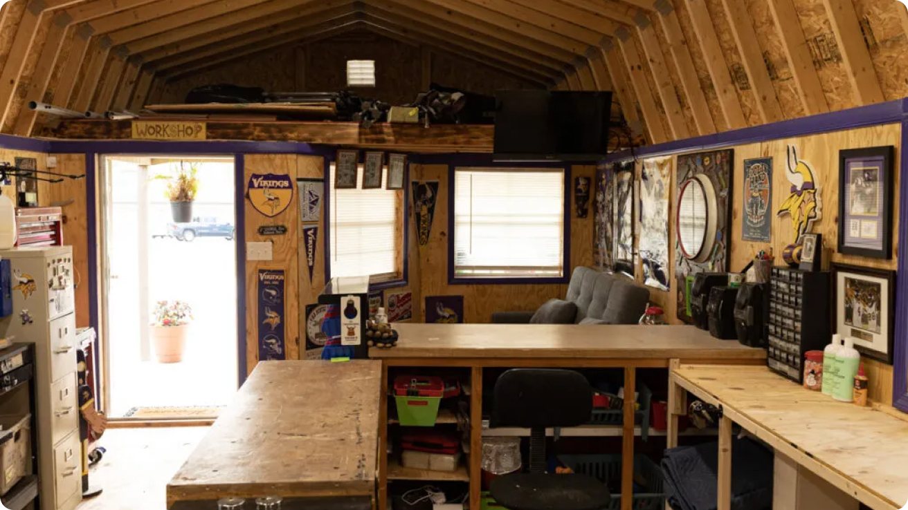 Painted 14x36 high barn man cave workshop shed in Northwest Arkansas