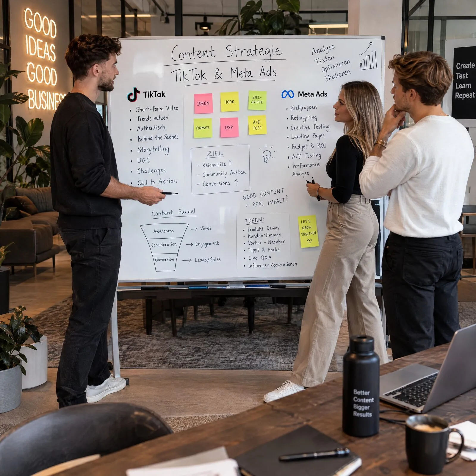Team entwickelt Hooks und Konzepte für TikTok & Meta Ads am Whiteboard (KI-generiertes Bild)
