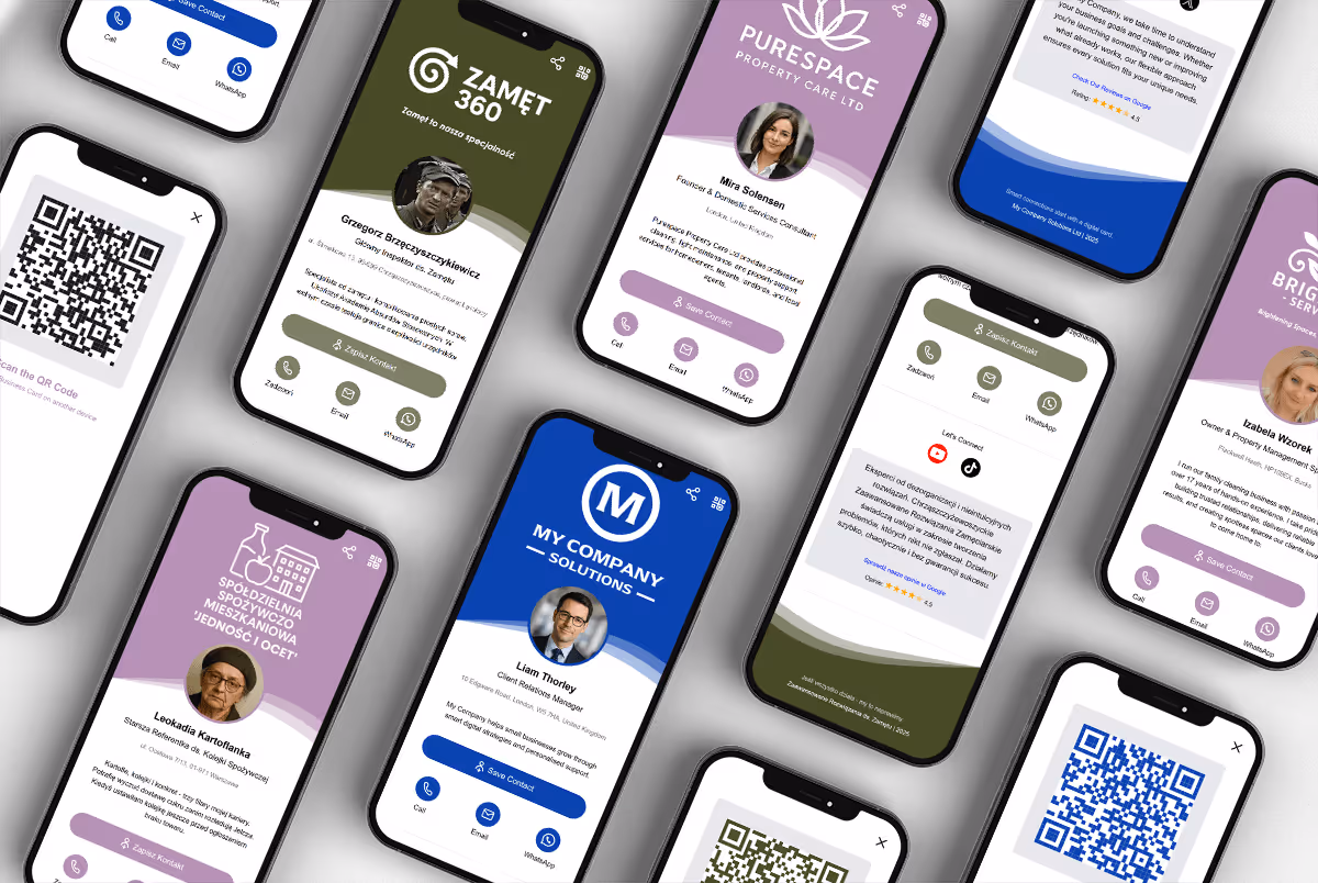 Collection of mobile phones displaying various branded versions of vCard Pro digital business card templates for professionals and small businesses.