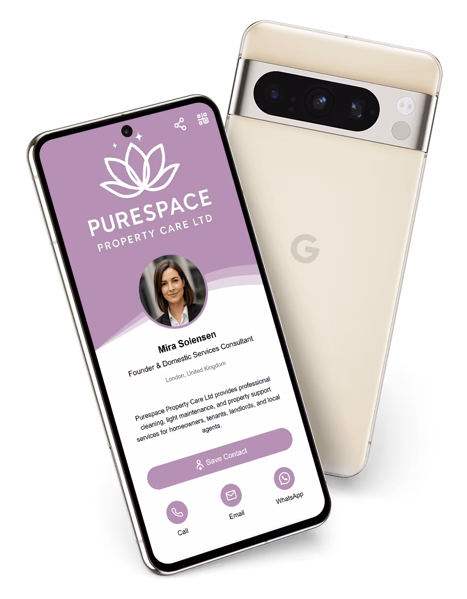 Google Pixel phone displaying a branded digital business card for Purespace Property Care using vCard Pro, a customisable self-hosted contact page for service professionals.