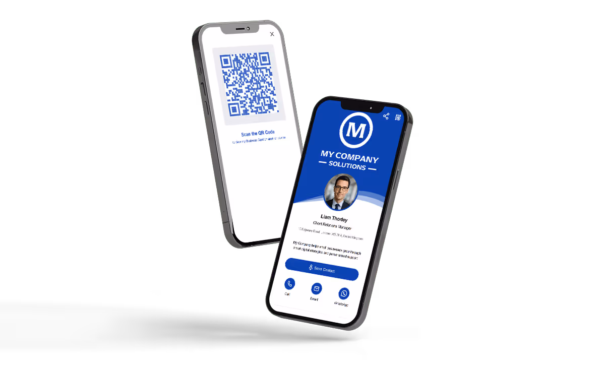 Two smartphones displaying a digital business card and scannable QR code using vCard Pro, a responsive self-hosted contact solution for professionals.