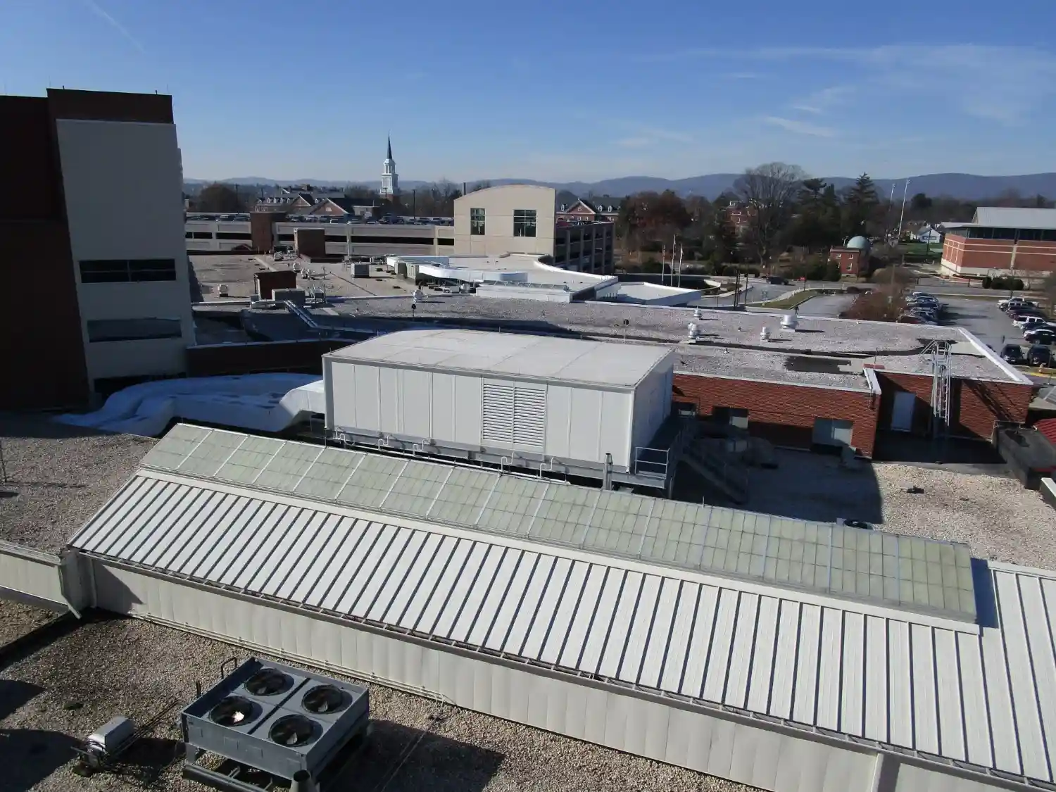 An elevated view of industrial buildings.