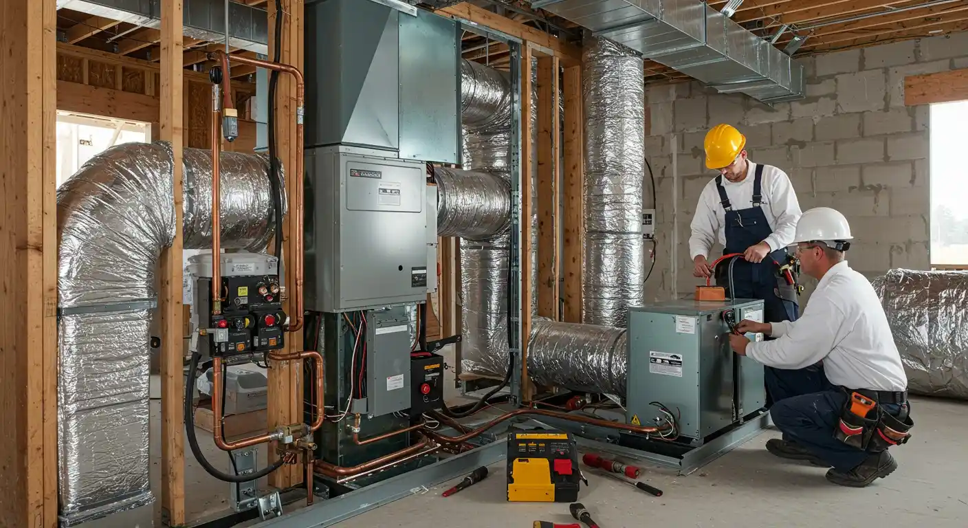 Two technicians working on HVAC system.