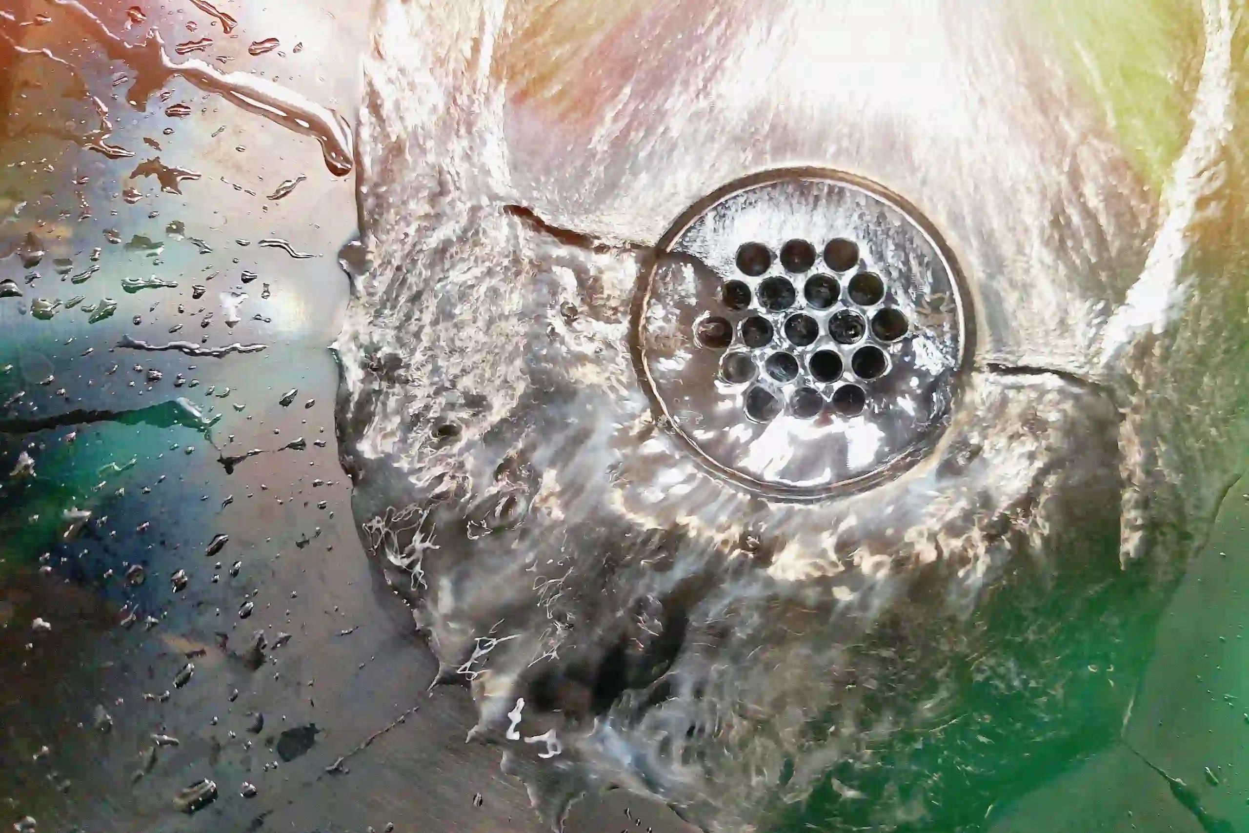 Water flowing down a drain.