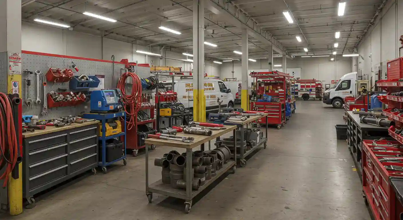 A wide shot captures the interior of a well-organized plumbing or HVAC company workshop and garage. The space is brightly lit by overhead fluorescent lights. On the left, a red pegboard wall displays an array of tools, including wrenches and pipe cutters, with red tool organizers. Below it are workbenches with various tools and equipment, including tool chests and welding machines. Several work vehicles, including white vans and red trucks equipped with specialized tools and racks, are parked in the central and right areas of the facility. Shelves and additional work areas with tools and pipes are visible on the right side. The floor is a light-colored concrete, suggesting a clean and functional industrial environment.