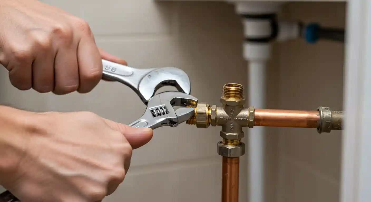  A close-up shot focuses on a pair of hands using two wrenches to tighten or loosen a brass fitting on a copper pipe. The hands are fair-skinned. One hand holds a larger, fixed wrench, while the other manipulates an adjustable wrench. The copper pipe and brass fittings are shiny and new-looking. In the blurred background, there's a light-colored wall or surface, and hints of white plastic pipes, suggesting a plumbing installation or repair in a residential or commercial setting.