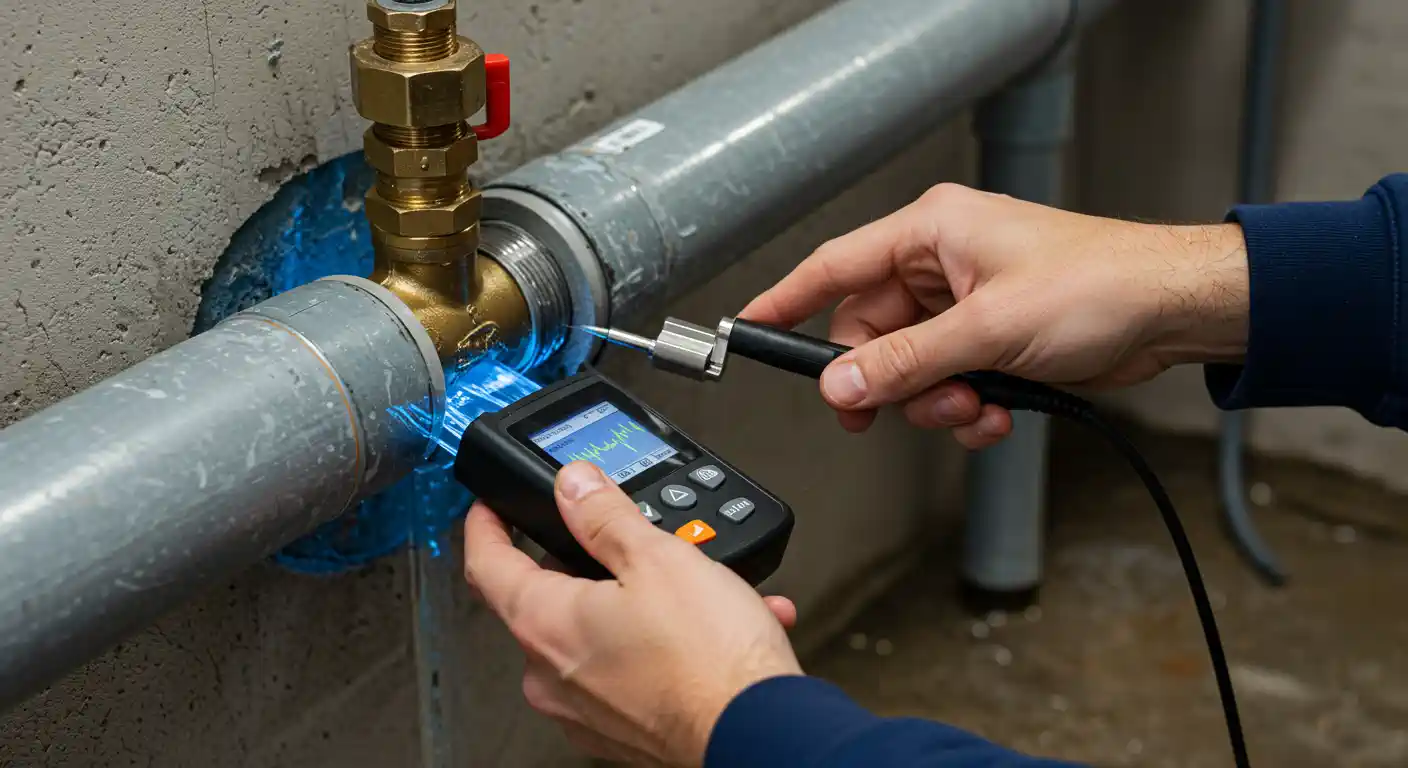  A pair of hands holds a black, hand-held leak detection device with a digital screen and an attached probe, pressing the probe against a grey pipe. There's a brass valve with a red handle connected to the pipe, and a blue glowing substance is visible around the pipe where it meets the wall, indicating a leak or the area being tested. The background shows a concrete wall and a floor, suggesting an industrial or utility setting.