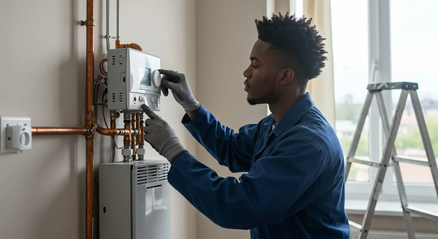 A male technician with short, dark curly hair and a beard is engaged in the maintenance of a wall-mounted heating unit, possibly a boiler or tankless water heater. He is wearing a blue long-sleeved work shirt and grey gloves. His hands are focused on adjusting controls on the white-colored unit, which is connected to several copper pipes extending vertically and horizontally along the light-colored wall. A window and a silver stepladder are visible in the background, suggesting a residential or commercial interior.