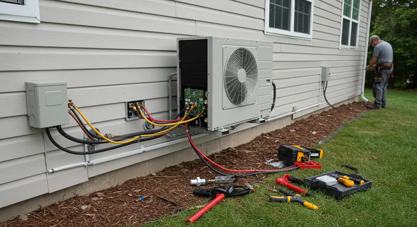  An outdoor mini-split air conditioning unit is shown in mid-installation or replacement against the light-colored siding of a house. The main unit, grey with a visible fan on its side, has a panel open, revealing circuit boards, copper pipes, and numerous colorful wires (red, yellow, black). These wires extend to a grey electrical box on the left, connected via conduits. Various tools, including a yellow and black vacuum pump, electrical tools with red handles, and a black toolbox, are scattered on the grass and wood chips in the foreground. In the background, a person, possibly another technician, is partially visible near the corner of the house. The setting is a residential yard with green grass and some trees.