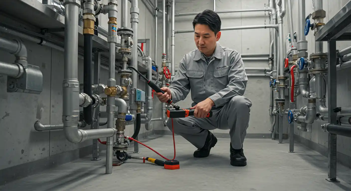  A male technician of East Asian descent, wearing a light grey uniform with a company logo "READY-TO-USE" on the chest, is crouched down, performing maintenance or inspection in a commercial or industrial piping room. He is holding a black and orange tool, possibly a leak detector or diagnostic device, and is focused on the connections of various silver pipes and brass valves. A red cable extends from his tool to a small orange and black disc on the concrete floor. The room is filled with an intricate network of pipes running along the walls and ceiling, and the floor is a clean, light-colored concrete.
