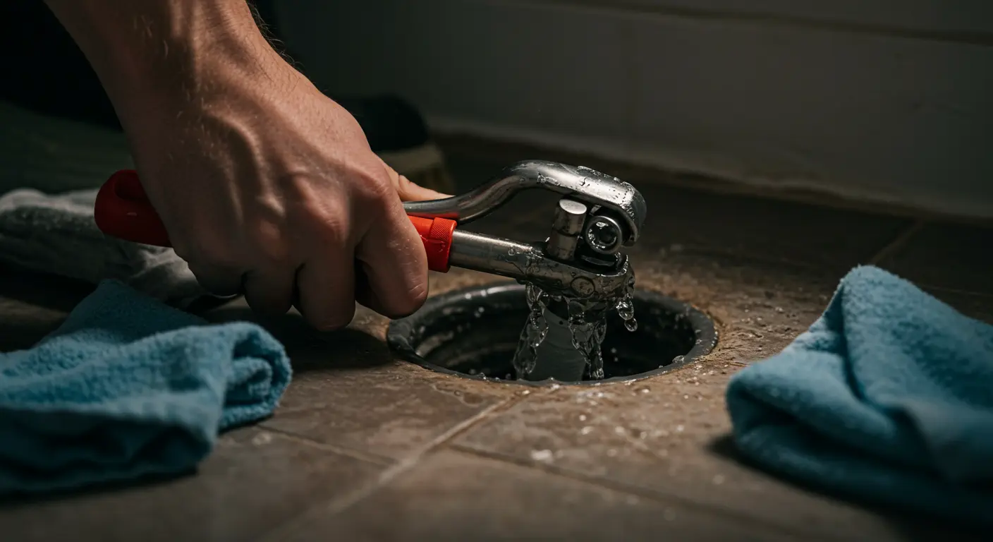  A close-up view shows a person's hand using a pair of red and silver pipe wrenches to work on a metal grate in a floor drain, from which water is actively bubbling or overflowing. Water splashes around the drain and on the surrounding light-brown tiled floor. Two light blue cloths are visible on either side of the drain, possibly used to absorb water. The lighting is dim, suggesting an emergency plumbing situation in a utility room or basement.