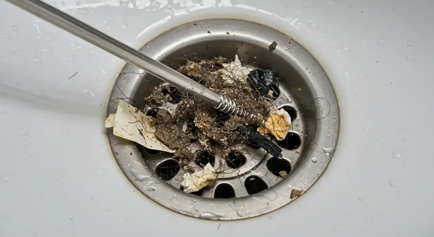 A close-up, high-angle shot shows a drain in a white sink with a metal drain cleaner tool pulling out a large clump of dark, wet hair and debris. Bits of white paper or tissue are also visible among the dark gunk. The drain itself is silver with multiple circular holes, and water droplets are scattered across the white porcelain of the sink.