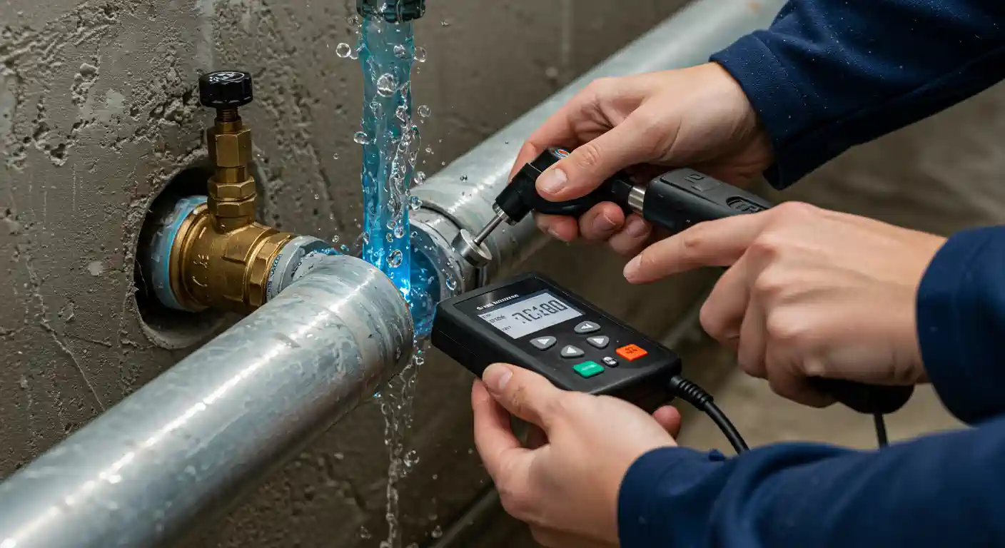 A close-up shot shows a person's hands holding a black electronic device near a metal pipe with water actively leaking from it. The device has a screen displaying numbers and several buttons (green, orange, and black). Blue light appears to be emanating from the point of the leak, illuminating the escaping water. To the left, a brass valve with a black knob is connected to the pipe where it emerges from a concrete wall. The background consists of a textured, grey concrete surface.