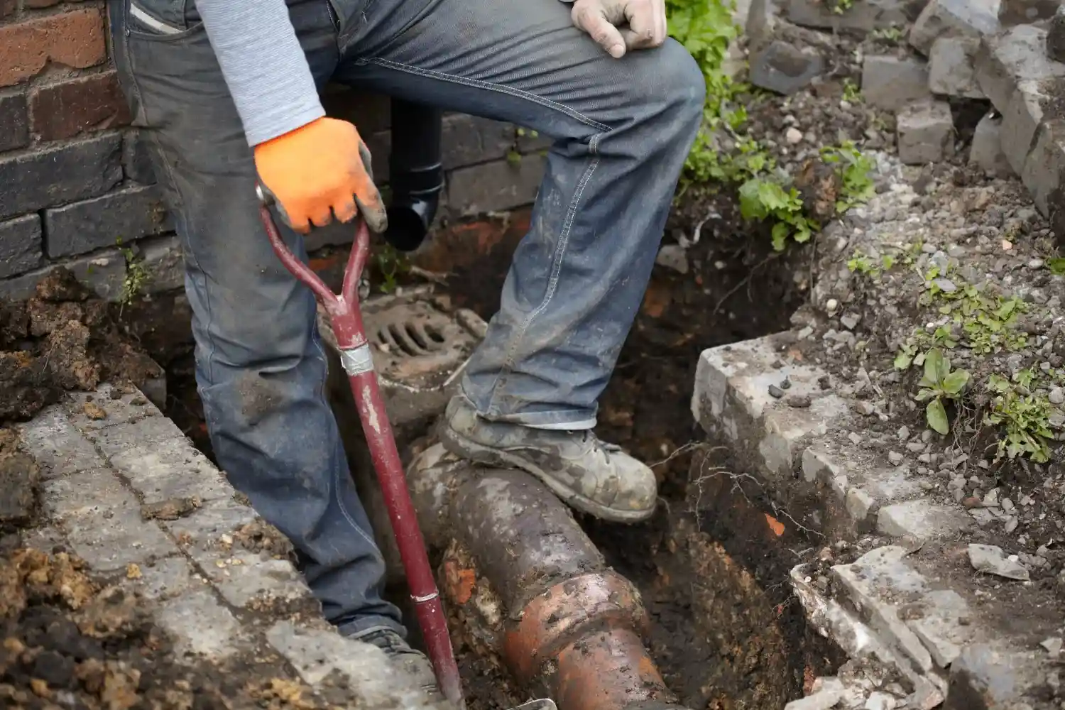 A person uses a shovel to dig near a corroded pipe in a muddy trench.