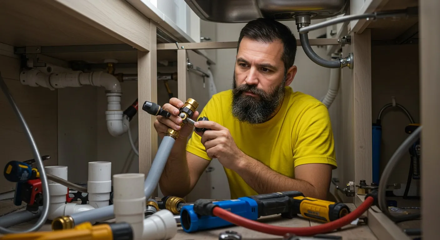 Man fixes plumbing under a sink.