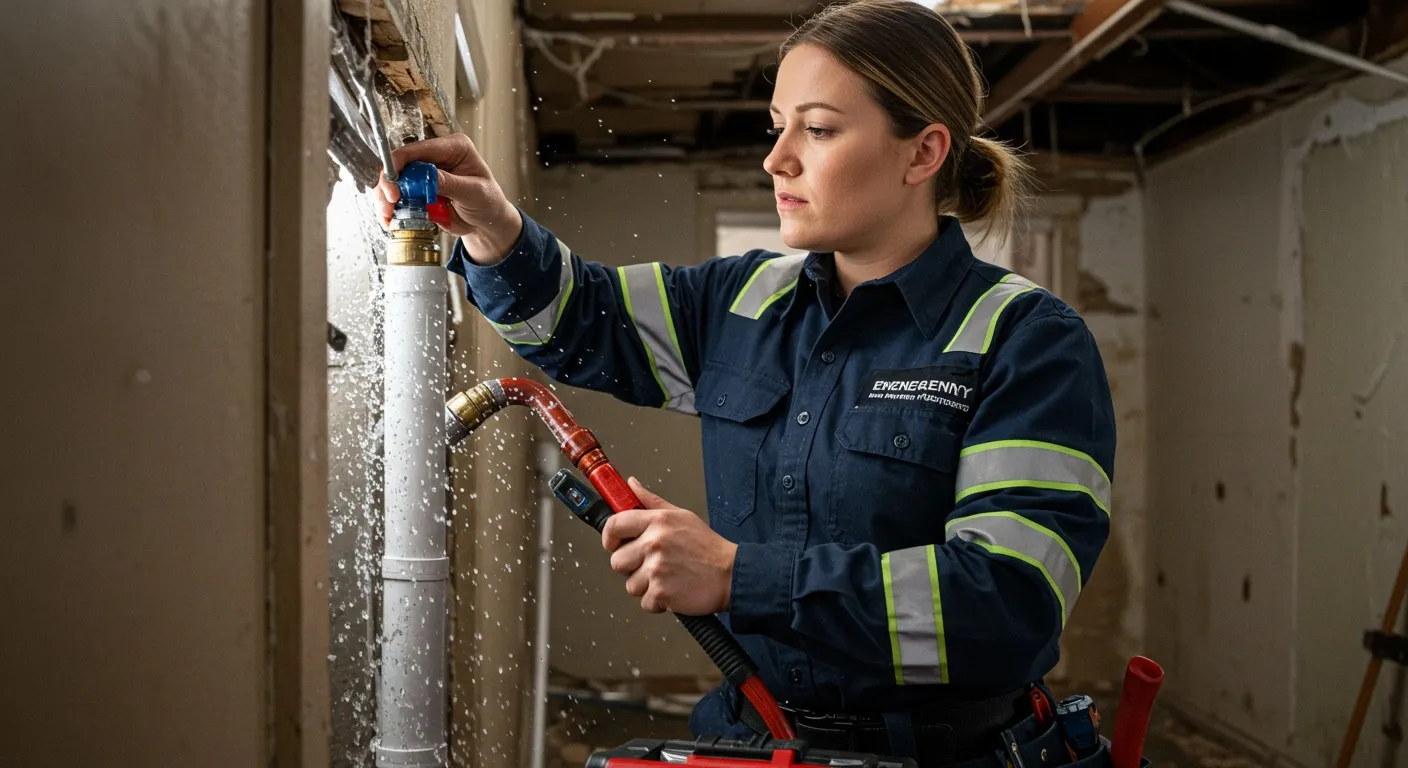 Woman plumber fixing a leaking pipe.