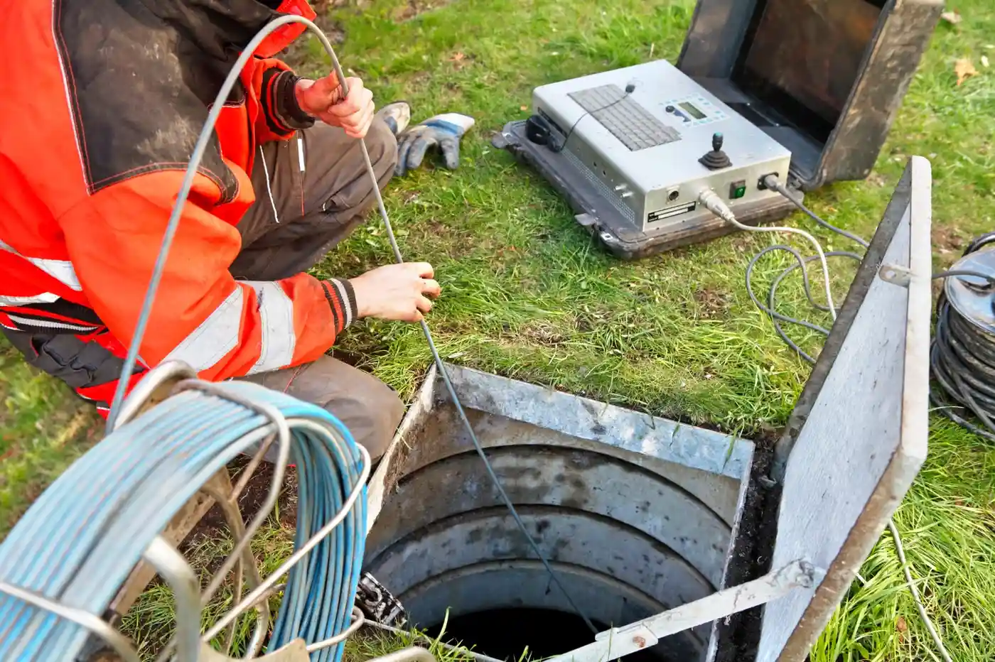 Plumber inspects pipe with a camera.