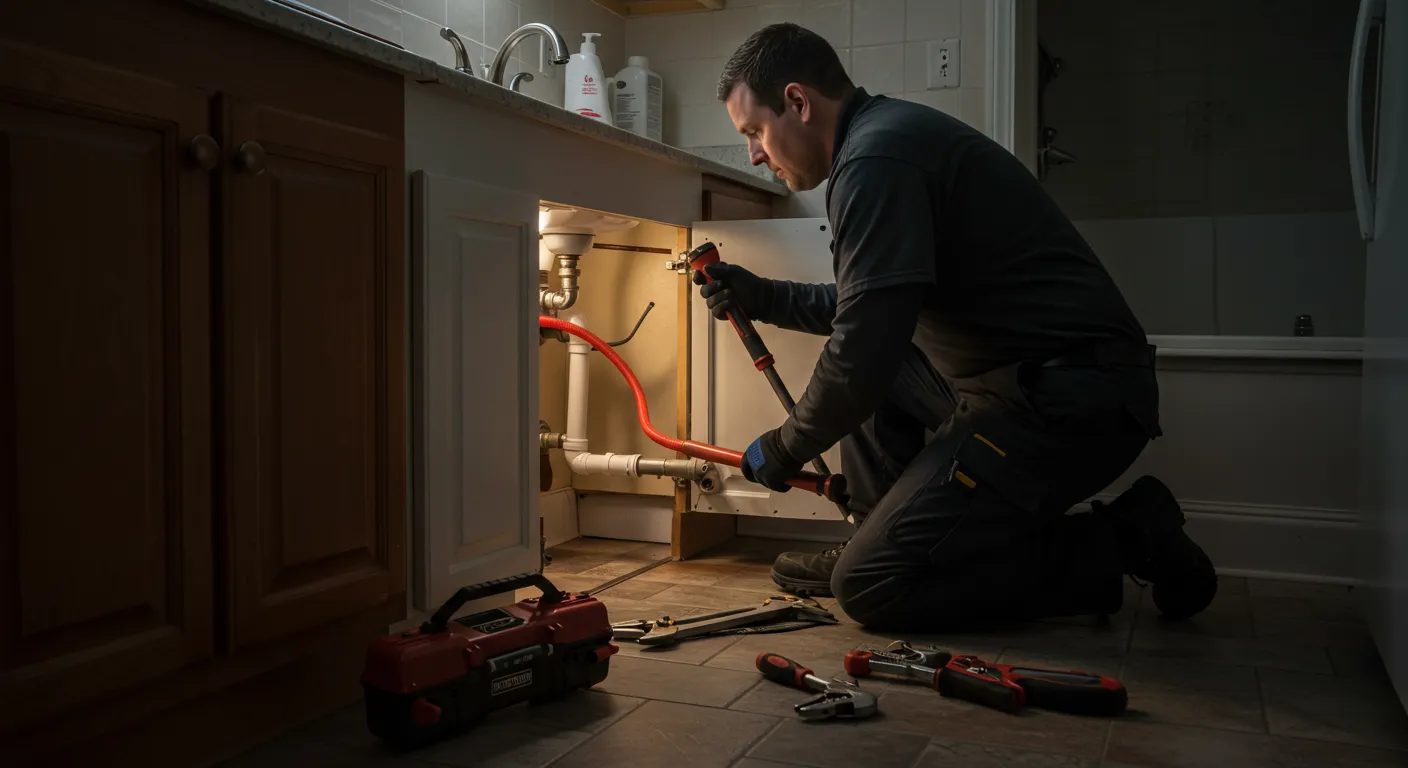 A professional plumber kneeling under a bathroom sink, using a tool to work on the pipes.