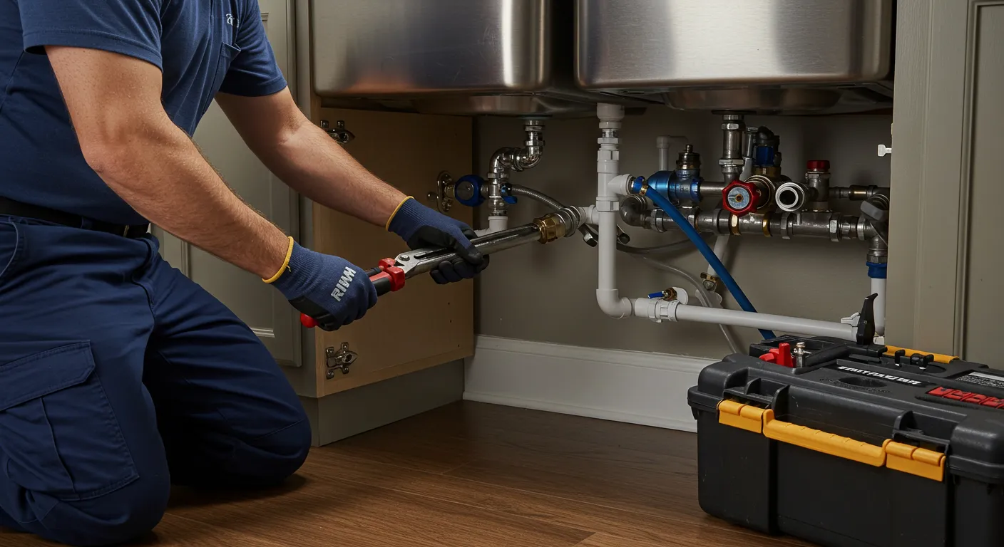 A plumber using a wrench to repair complex pipes and valves under a kitchen sink.