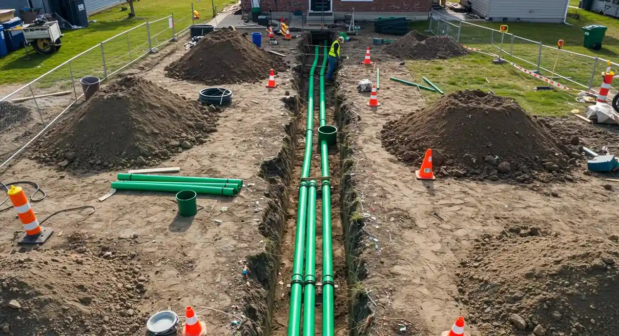 An aerial view of a trench excavation in a residential yard, showing two parallel green sewer pipes laid out, with a worker in a high-visibility vest standing near a connection point.