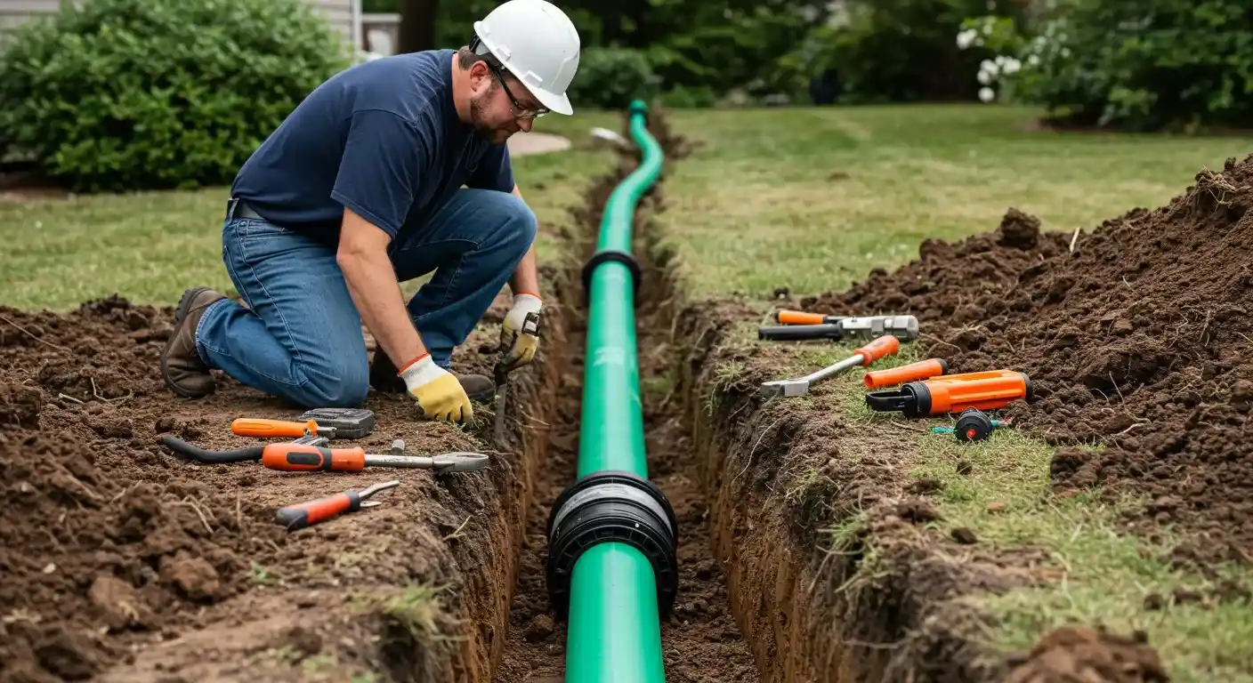 A construction worker wearing a white hard hat and safety glasses kneels in a trench, adjusting a green sewer pipe connected to a black fitting. Tools are scattered on the grass nearby.