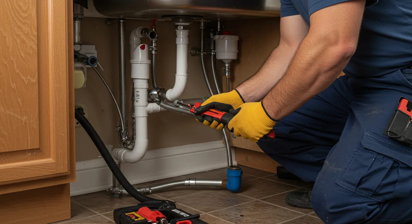 A plumber in blue overalls and yellow gloves uses a wrench to tighten a pipe under a kitchen sink.