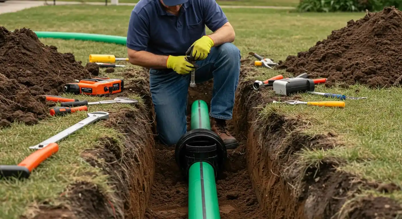 A close-up shot of a construction worker kneeling in a trench, connecting a green sewer pipe with a black fitting. Various tools are visible on the ground beside the trench.
