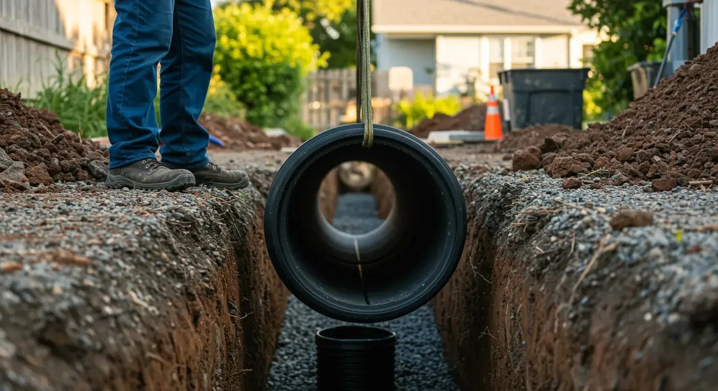 A close-up, low-angle shot of a person's legs standing on the edge of a trench, as a large black corrugated pipe is lowered into the ground by yellow straps.