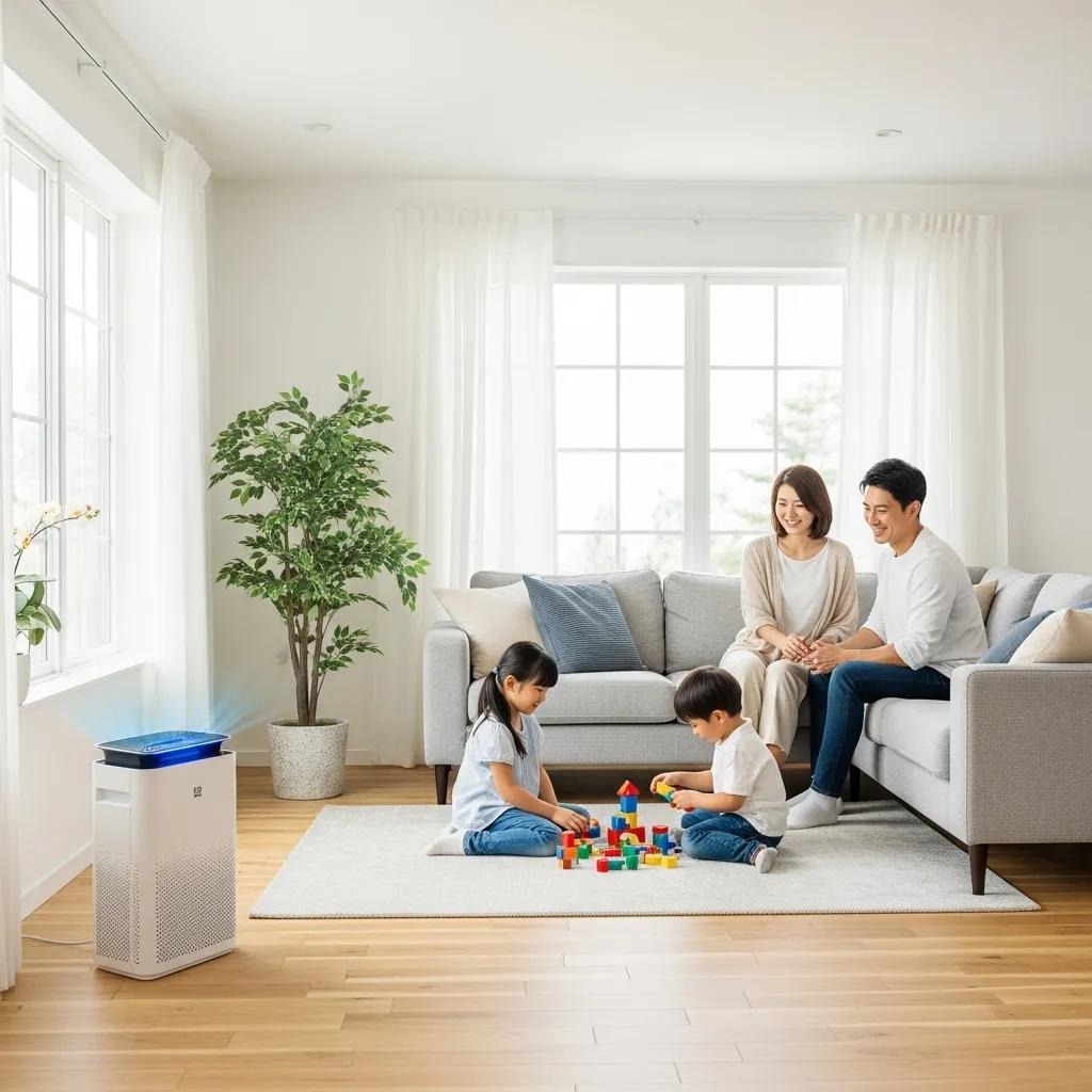 Whole-home air purification system enhancing indoor air quality in a modern living room