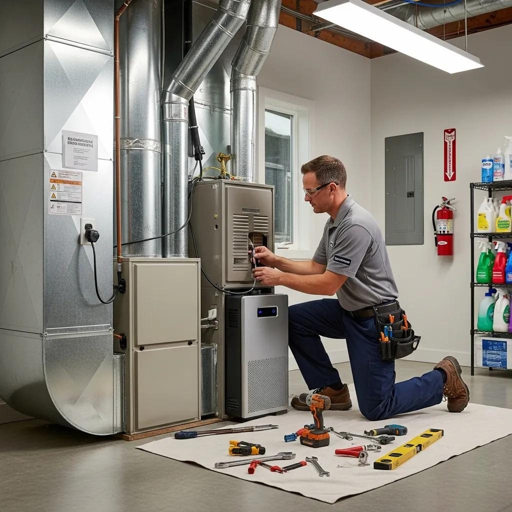 Technician installing a whole-home air purification system in a residential HVAC setup