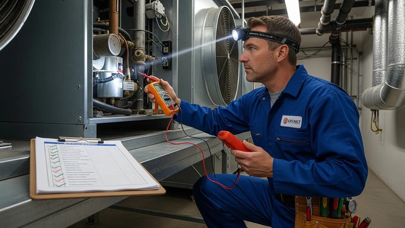Technician conducting a step-by-step HVAC system inspection