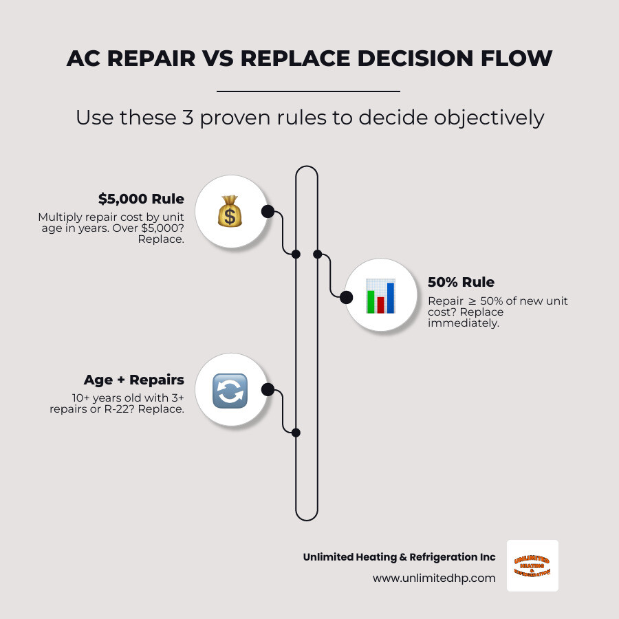 Infographic showing AC repair vs replace decision flow with $5000 rule, 50% rule, age, and refrigerant type infographic Infographic showing AC repair vs replace decision flow with $5000 rule, 50% rule, age, and refrigerant type infographic