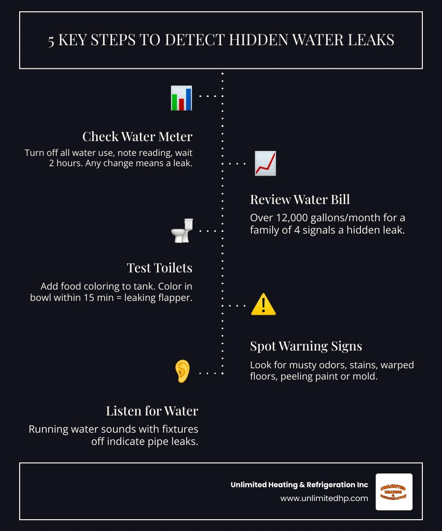 Infographic showing key signs of hidden water leaks and step-by-step detection methods for Northern Idaho homeowners Infographic showing key signs of hidden water leaks and step-by-step detection methods for Northern Idaho homeowners