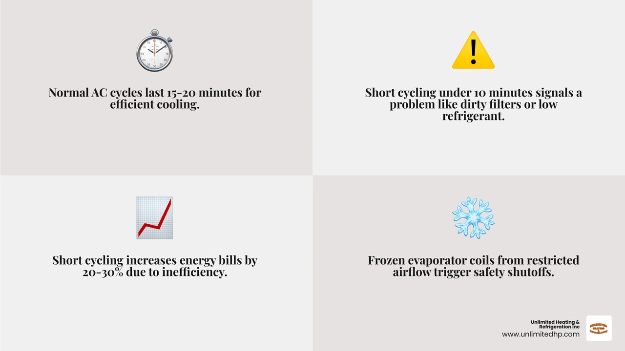 Infographic showing normal AC cycle of 15-20 minutes vs short cycling under 10 minutes with common causes infographic Infographic showing normal AC cycle of 15-20 minutes vs short cycling under 10 minutes with common causes infographic