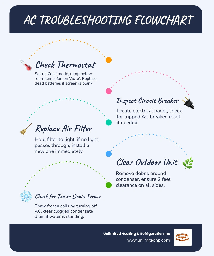 AC troubleshooting flowchart: thermostat, breaker, filter, outdoor unit, frozen coils, drain line, call a pro infographic