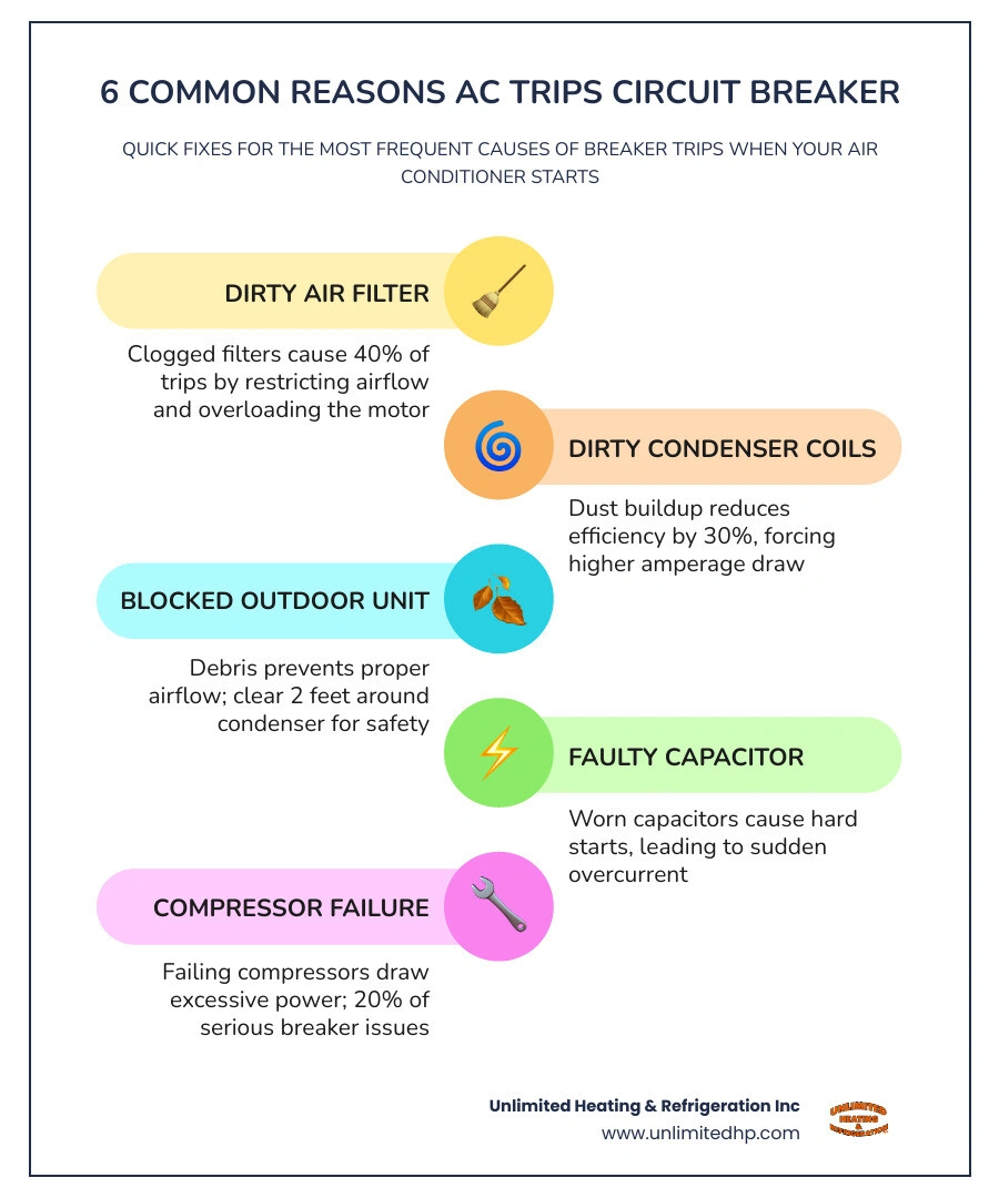 Infographic showing 6 common reasons an AC trips a circuit breaker and what to do for each infographic Infographic showing 6 common reasons an AC trips a circuit breaker and what to do for each infographic