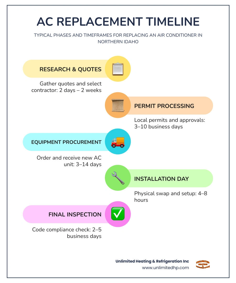 Five phases of AC replacement timeline infographic for Northern Idaho homeowners infographic