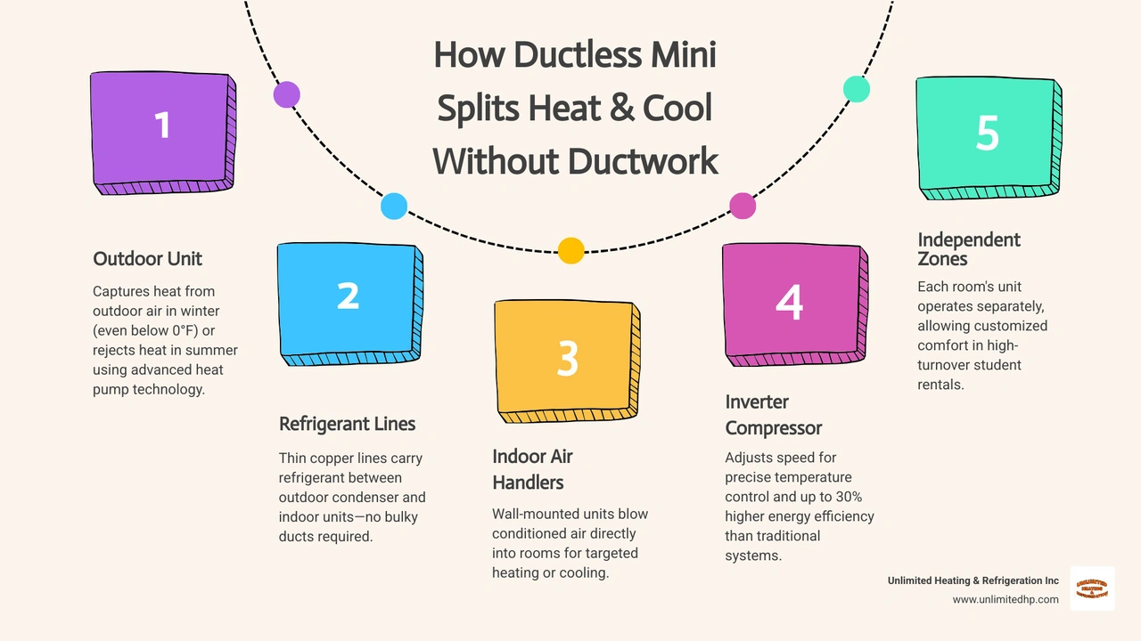 Infographic showing how a ductless mini split heats and cools a rental home without ductwork in Moscow and Pullman