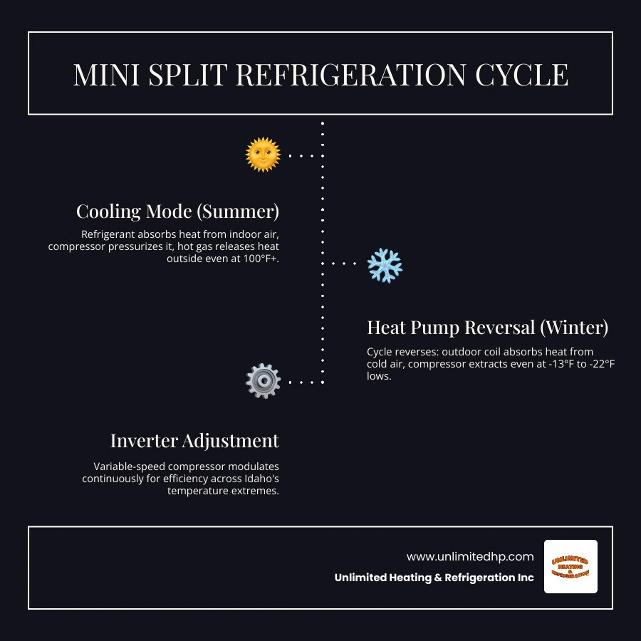 Infographic showing mini split heat pump refrigeration cycle for both heating mode in Idaho winter and cooling mode in Infographic showing mini split heat pump refrigeration cycle for both heating mode in Idaho winter and cooling mode in