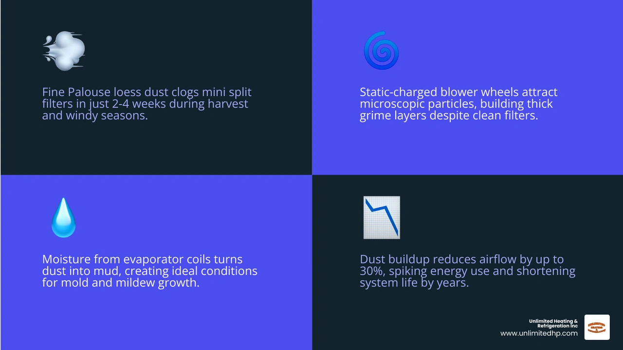 Infographic showing how Palouse dust impacts mini split efficiency: filter clogging, blower wheel buildup, mold growth