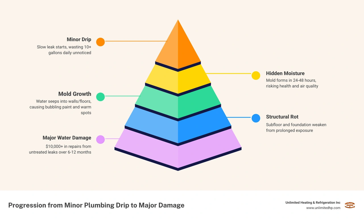 Infographic showing progression from minor plumbing drip to mold, structural rot, and water damage with warning signs