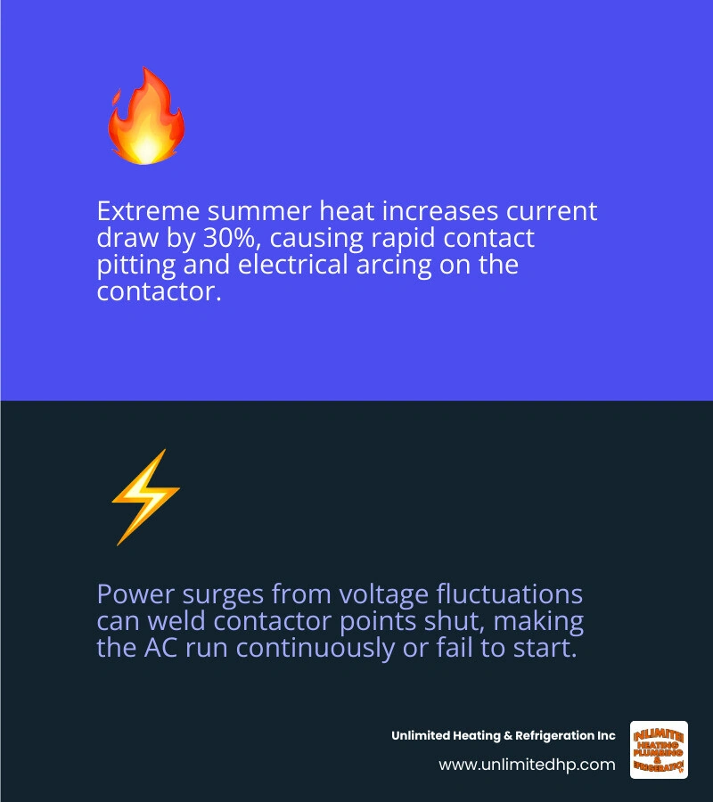 Infographic showing AC contactor function, failure symptoms, and summer heat causes side by side infographic Infographic showing AC contactor function, failure symptoms, and summer heat causes side by side infographic