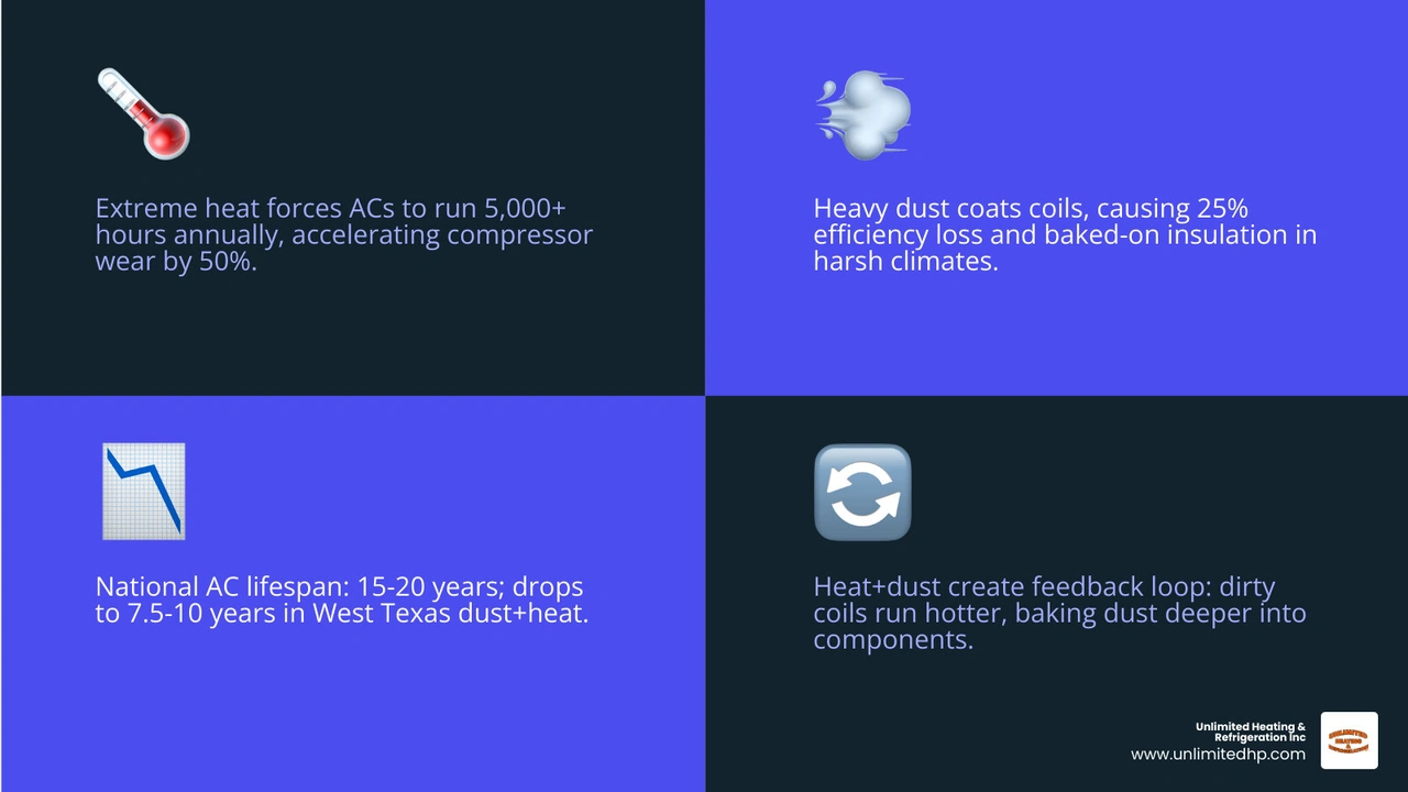 infographic showing how extreme heat and heavy dust combine to shorten AC lifespan with regional data infographic infographic showing how extreme heat and heavy dust combine to shorten AC lifespan with regional data infographic