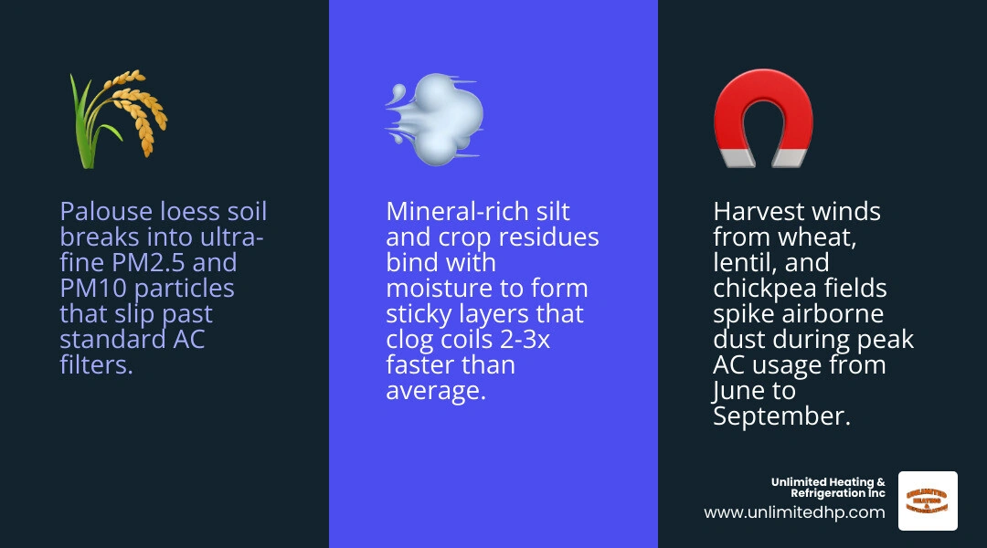 Infographic showing journey of Palouse loess dust from wheat field through air to AC coil clogging infographic Infographic showing journey of Palouse loess dust from wheat field through air to AC coil clogging infographic