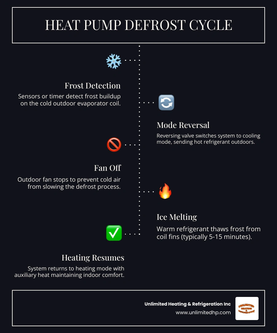 Step-by-step infographic of heat pump defrost cycle mechanics in cold climates infographic Step-by-step infographic of heat pump defrost cycle mechanics in cold climates infographic