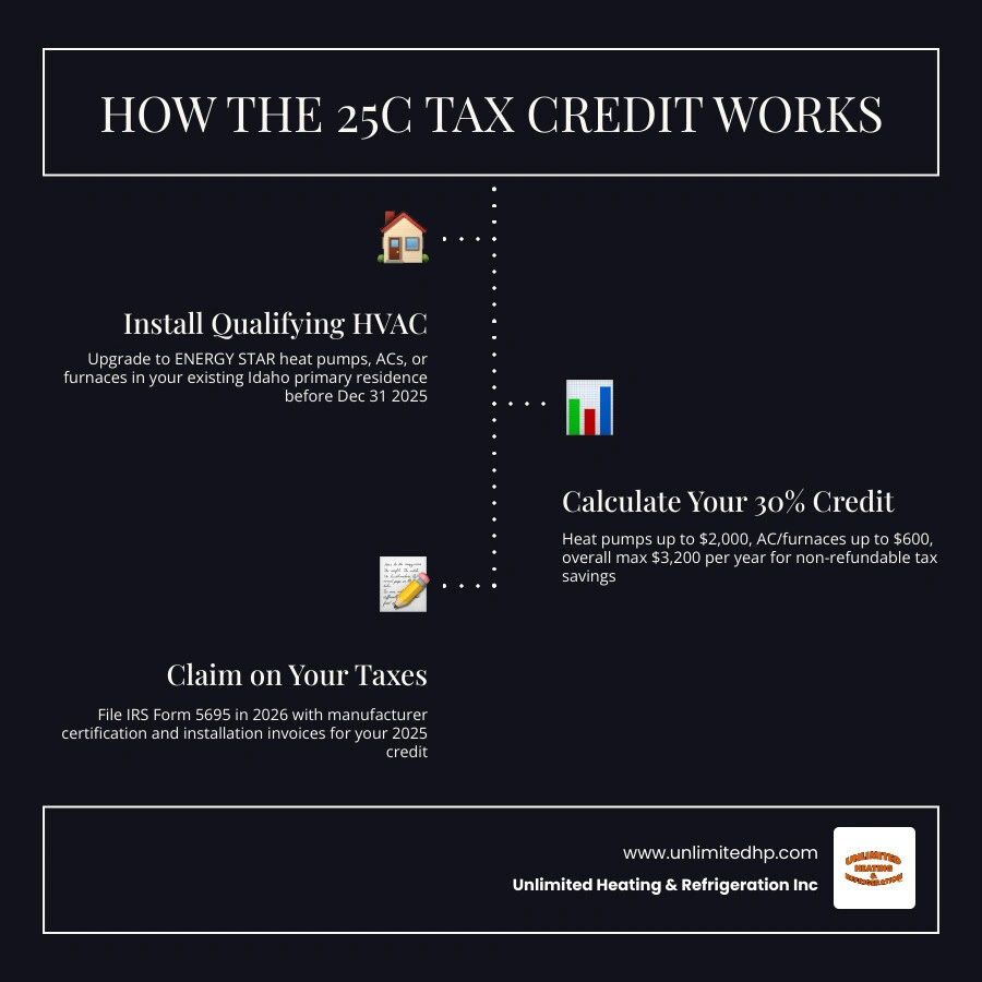 Infographic showing 25C tax credit breakdown: 30% of cost, heat pump up to $2000, AC/furnace up to $600, total max $3200