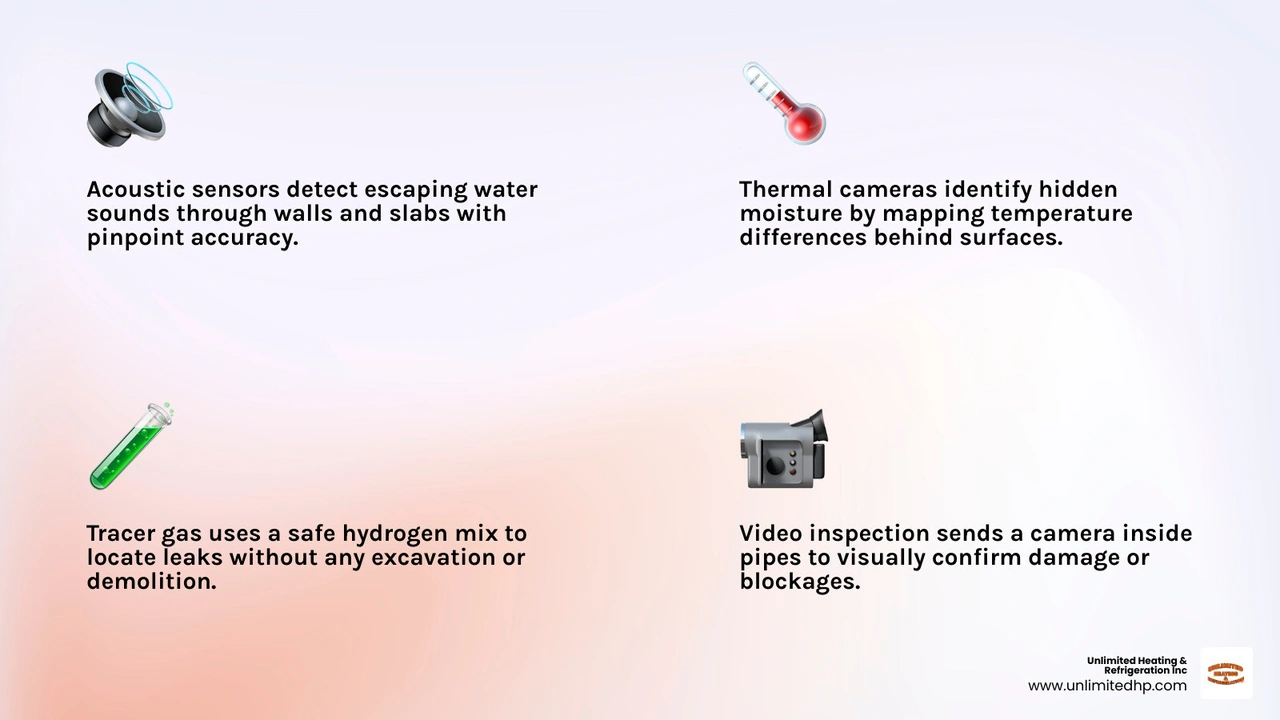 Infographic showing 5 non-invasive leak detection technologies and how each locates hidden water leaks infographic