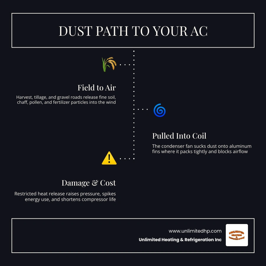 Infographic showing how field dust travels from farm operations to AC condenser coils and causes damage infographic