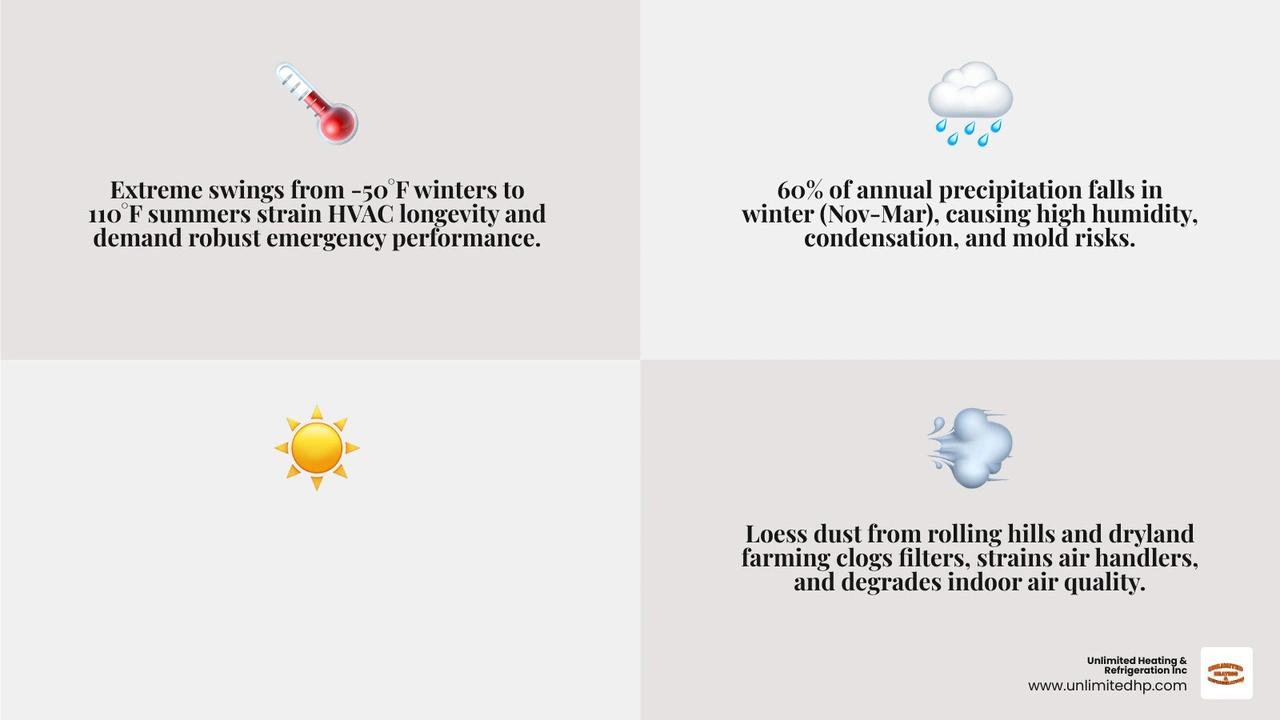 Infographic showing Palouse 60/5 precipitation split, temperature extremes, dust impact, and microclimate effect on HVAC Infographic showing Palouse 60/5 precipitation split, temperature extremes, dust impact, and microclimate effect on HVAC