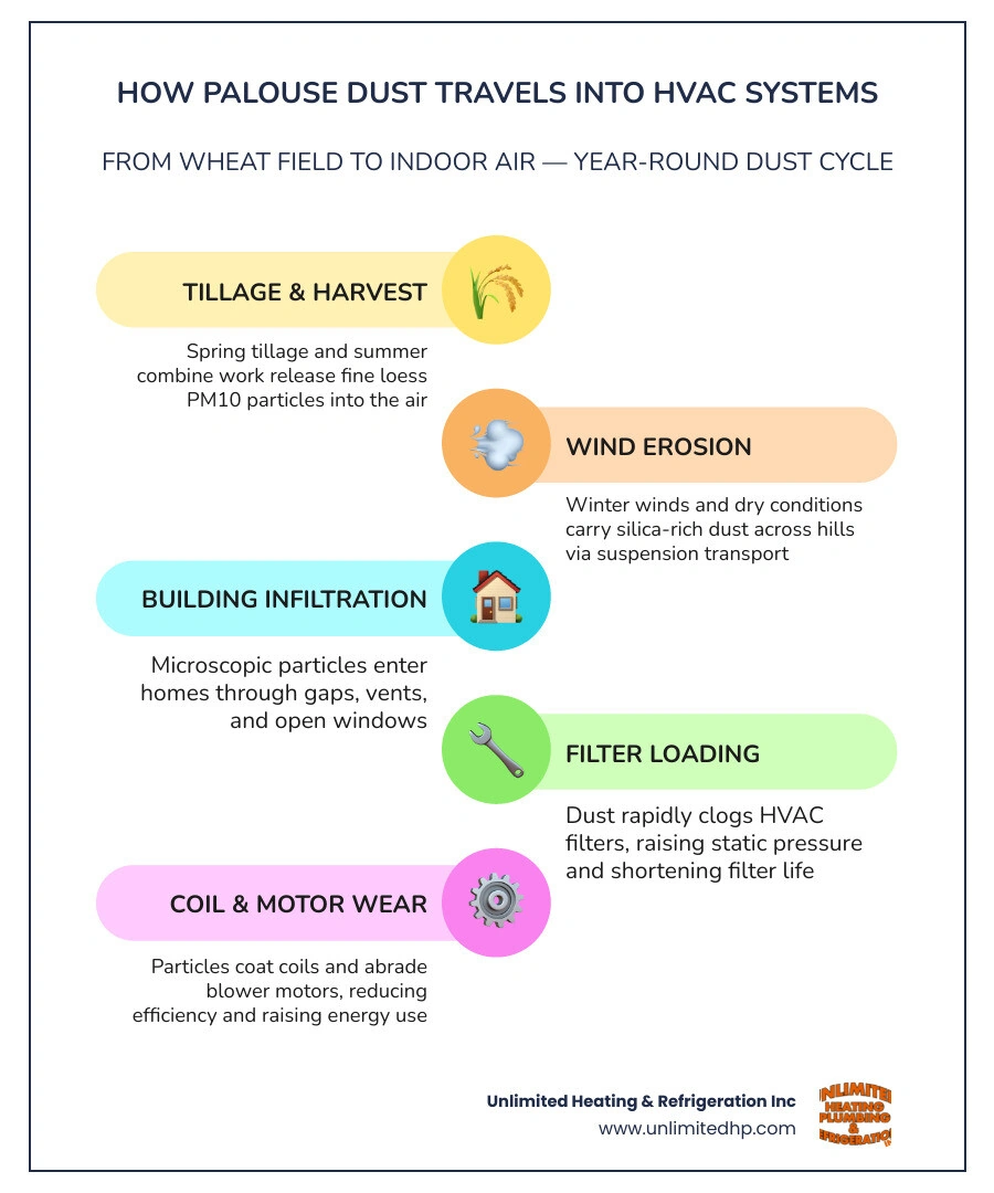 Infographic showing how Palouse wheat field dust travels from fields into home HVAC systems through all four seasons Infographic showing how Palouse wheat field dust travels from fields into home HVAC systems through all four seasons